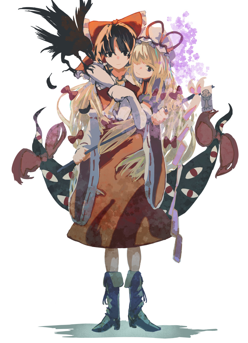 2girls absurdres ascot bird blonde_hair boots bow brown_hair closed_mouth commentary_request crow detached_sleeves dress elbow_gloves falling_feathers frilled_bow frilled_hair_tubes frills gap_(touhou) gloves gohei hair_bow hair_tubes hakurei_reimu hat hat_ribbon highres holding holding_gohei hug hug_from_behind liangming_toho long_hair looking_at_viewer mob_cap multiple_girls purple_dress red_bow red_ribbon red_skirt ribbon ribbon-trimmed_sleeves ribbon_trim short_sleeves simple_background skirt skirt_set smile touhou white_background yakumo_yukari yellow_ascot