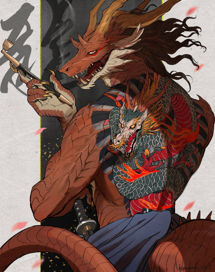 1boy artist_name back back_focus back_tattoo black_background brown_hair chinese_zodiac claws commentary cowboy_shot dragon dragon_boy dragon_horns dragon_tail dragon_tattoo eastern_dragon eyeshadow from_behind furry furry_male hand_up highres holding holding_smoking_pipe holding_sword holding_weapon horns jitome karana_cat katana kiseru looking_at_viewer looking_back makeup male_focus medium_hair multiple_horns muscular muscular_male open_mouth original profile red_eyes red_eyeshadow scales sharp_teeth signature simple_background smoking_pipe solo sword tail tattoo teeth topless_male twitter_username two-tone_background weapon white_background year_of_the_dragon
