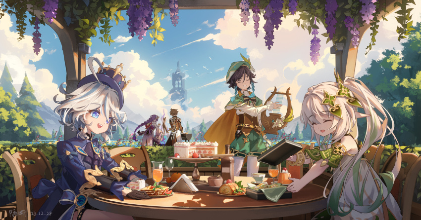 2boys 3girls :d ^_^ ahoge asymmetrical_gloves black_gloves blue_eyes blue_hair blue_headwear blue_jacket bracelet braid braided_ponytail brown_hair cake cape closed_eyes day dress flower food furina_(genshin_impact) geduan genshin_impact gloves gradient_hair green_hair green_headwear green_shorts grey_hair grin hair_ornament hat highres holding holding_instrument instrument jacket jewelry long_hair long_sleeves lyre mismatched_gloves multicolored_hair multiple_boys multiple_girls nahida_(genshin_impact) open_mouth orange_cape outdoors pantyhose pantyhose_under_shorts purple_hair raiden_shogun short_dress short_hair_with_long_locks shorts side_braids side_ponytail single_braid sitting sleeveless sleeveless_dress smile standing twin_braids two-tone_hair venti_(genshin_impact) very_long_hair white_dress white_gloves white_hair white_pantyhose wisteria zhongli_(genshin_impact)