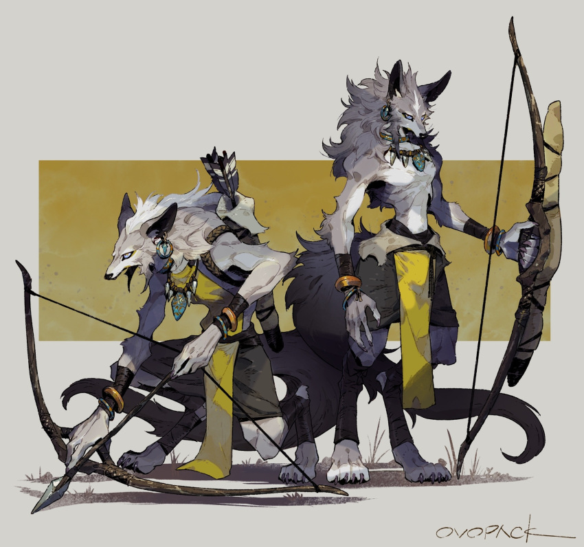 1boy 1girl androgynous animal_ears arm_at_side arrow_(projectile) artist_name black_pants blue_eyes body_fur bow_(weapon) bracelet brown_background check_gender collar commentary digitigrade drawing_bow earrings expressionless from_side full_body furry furry_female furry_male grey_fur highres holding holding_bow_(weapon) holding_weapon jewelry looking_ahead looking_at_viewer metal_collar murayama_ryouta necklace original pants pelvic_curtain quiver signature simple_background single_earring squatting standing tail weapon wolf_boy wolf_ears wolf_girl wolf_tail yellow_background