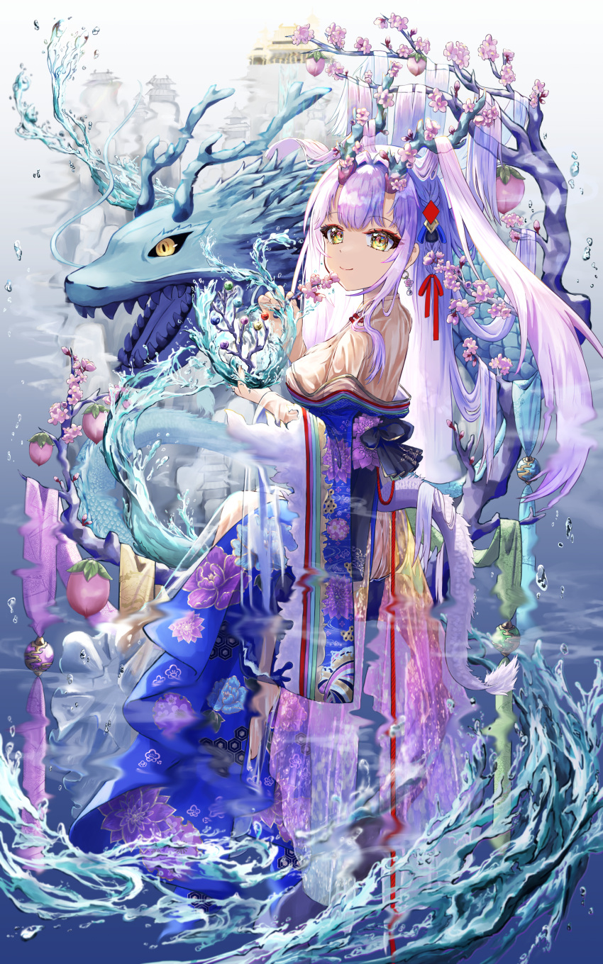 1girl absurdres black_sclera blue_kimono branch chinese_zodiac closed_mouth colored_sclera commentary_request dragon dragon_girl dragon_horns dragon_tail earrings eastern_dragon floral_print flower food fruit highres horns japanese_clothes jeweled_branch_of_hourai jewelry kimono long_hair long_sleeves looking_at_viewer original peach pink_flower print_kimono purple_hair sharp_teeth sitting smile solo tail teeth tree very_long_hair water werewolf_kg wide_sleeves year_of_the_dragon yellow_eyes