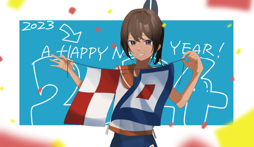 1girl 2024 absurdres blue_one-piece_swimsuit brown_eyes brown_hair dark-skinned_female dark_skin hair_ornament hato_kan highres i-401_(kancolle) kantai_collection looking_at_viewer medium_hair naval_flag new_year one-piece_swimsuit orange_sailor_collar parted_lips sailor_collar sailor_shirt school_swimsuit shirt short_ponytail side-tie_shirt sleeveless sleeveless_shirt solo swimsuit swimsuit_under_clothes tan upper_body
