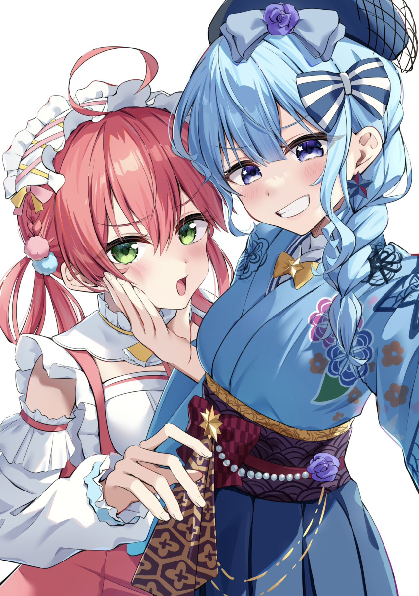 2girls ahoge beret blue_bow blue_eyes blue_hair blue_headwear blue_kimono blue_skirt blush bow bowtie braid commentary detached_sleeves earrings floral_print frilled_hairband frilled_sleeves frills green_eyes grin hair_bow hair_ornament hair_rings hairband hakama hakama_skirt hand_on_another's_cheek hand_on_another's_face hat highres hololive hoshimachi_suisei hoshimachi_suisei_(new_year) japanese_clothes jewelry kimono lolita_hairband long_hair looking_at_viewer multiple_girls muyamii obi open_mouth pom_pom_(clothes) pom_pom_hair_ornament redhead sakura_miko sakura_miko_(new_year) sash selfie skirt sleeveless sleeveless_kimono smile star_(symbol) star_earrings star_in_eye striped striped_bow symbol-only_commentary symbol_in_eye twintails upper_body v-shaped_eyebrows virtual_youtuber white_background white_kimono white_sleeves yellow_bow yellow_bowtie