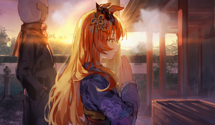 1girl 1other absurdres animal_ears black_coat blue_kimono bow box breath closed_mouth coat donation_box ear_bow floral_print flower from_side hair_flower hair_ornament hands_in_pockets hatsumoude highres horse_ears japanese_clothes kimono long_hair mayano_top_gun_(umamusume) new_year obi orange_hair outdoors own_hands_together palms_together praying profile sash shrine smile solo solo_focus sunrise t-head_trainer umamusume yellow_eyes yu_hydra yukata