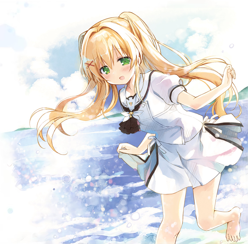 1girl :d album_cover ascot barefoot black_ascot blonde_hair blush cover day floating_hair foot_out_of_frame hair_between_eyes hair_intakes hair_ornament hand_up happy highres leaning_forward long_hair looking_down miniskirt nagayama_yuunon ocean official_art open_mouth outdoors ribbon sailor_collar school_uniform serafuku shirt skirt skirt_hold smile solo standing standing_on_one_leg summer_pockets tsumugi_wenders twintails water_drop white_ribbon white_sailor_collar white_serafuku white_shirt white_skirt x_hair_ornament