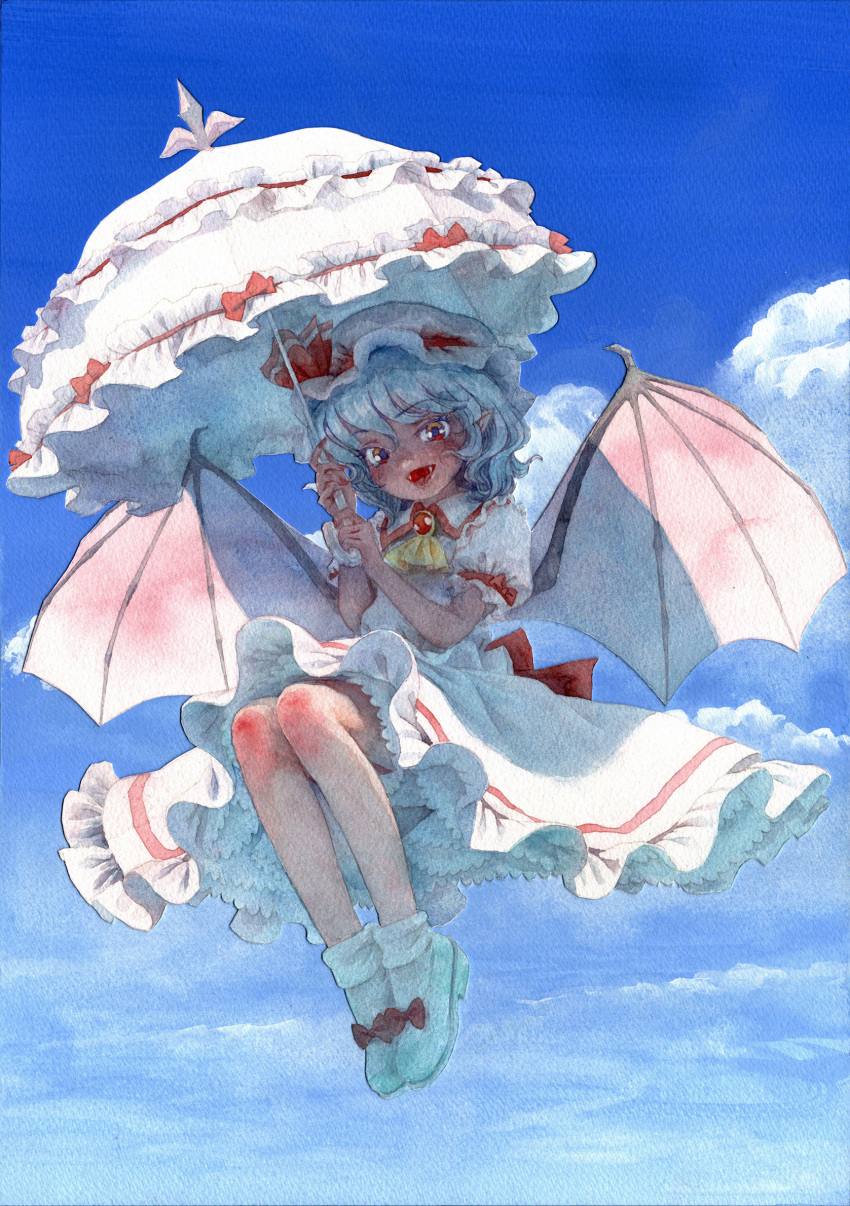 1girl bat_wings blue_hair blue_sky clouds cloudy_sky full_body hat highres holding holding_umbrella looking_at_viewer midair misawa_hiroshi mob_cap open_mouth painting_(medium) parasol pointy_ears red_eyes remilia_scarlet shirt skirt sky solo touhou traditional_media umbrella vampire watercolor_(medium) white_shirt white_skirt wings
