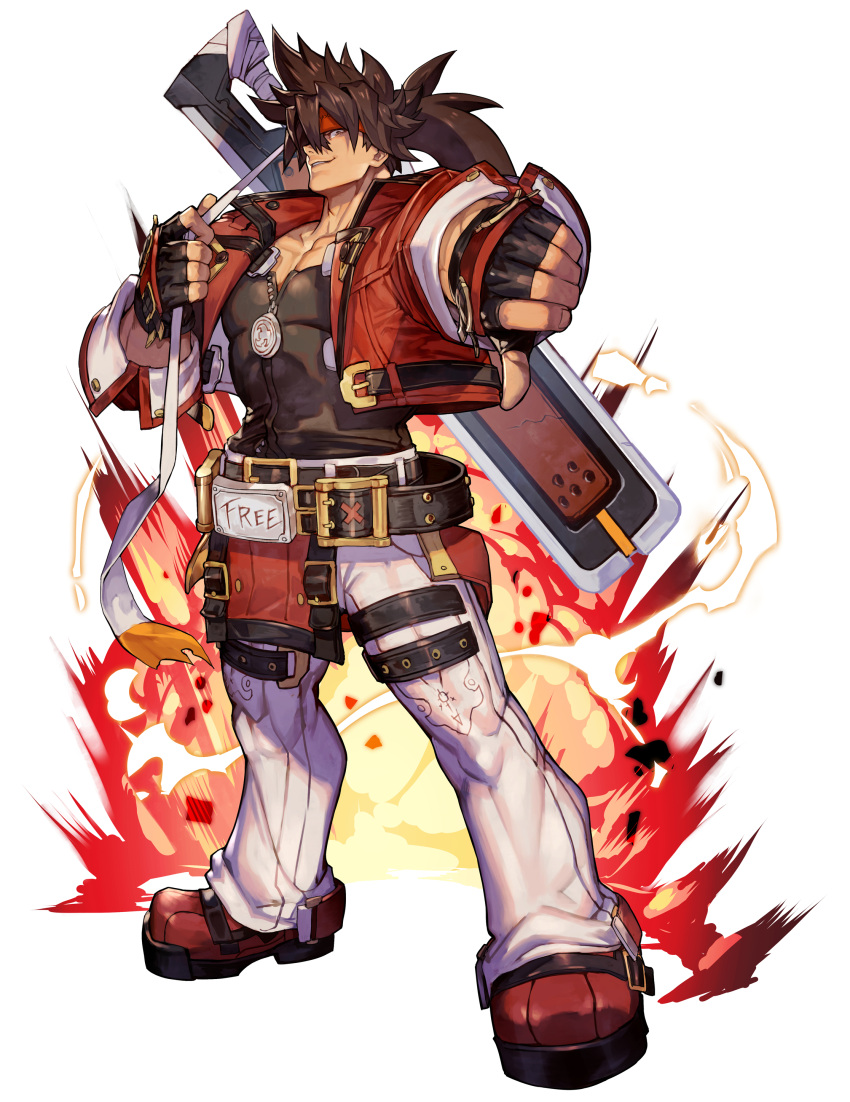 1boy absurdres belt black_shirt brown_hair explosion fingerless_gloves gloves guilty_gear guilty_gear_strive hankuri headband highres jacket looking_at_viewer male_focus muscular muscular_male ponytail red_jacket shirt simple_background sol_badguy solo spiky_hair standing thumbs_down white_background