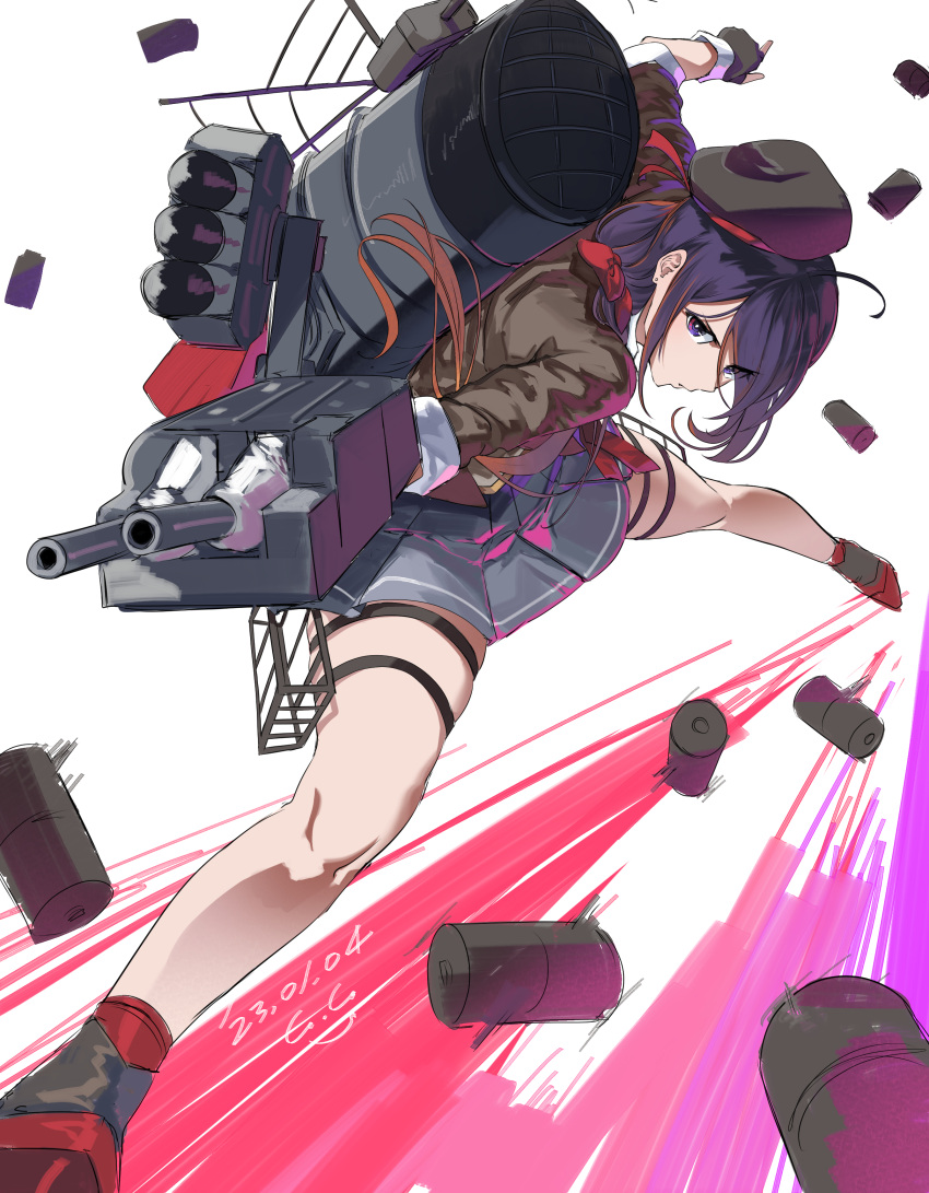 1girl absurdres adapted_turret ariake_(kancolle) black_hair black_headwear cannon dated depth_charge fingerless_gloves gegeron gloves grey_skirt hair_over_one_eye hat highres jacket kantai_collection long_hair long_sleeves low_ponytail machinery necktie pleated_skirt purple_hair red_necktie rigging shirt signature skirt smokestack solo torpedo torpedo_launcher torpedo_tubes turret violet_eyes