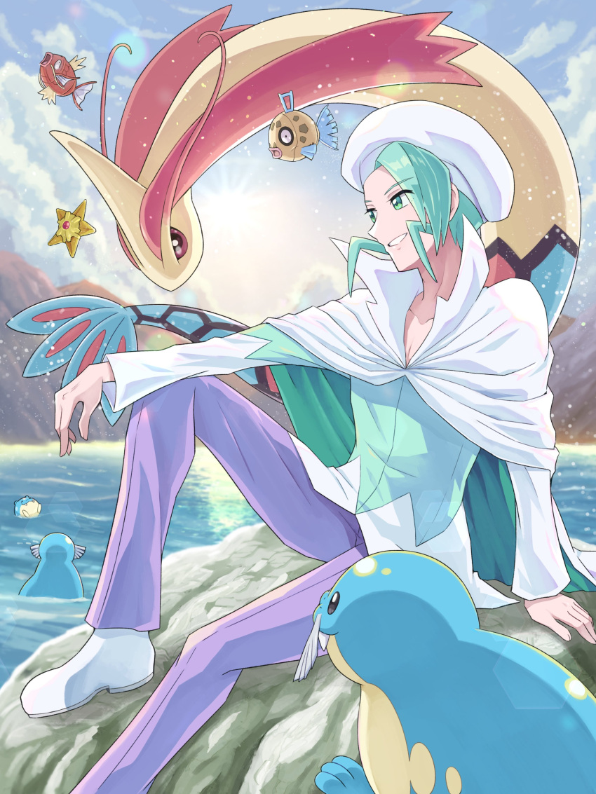1boy absurdres beach blue_sky cape clouds day feebas green_eyes green_hair hat highres male_focus milotic ocean open_mouth outdoors pants pokemoa pokemon pokemon_(creature) pokemon_oras pokemon_rse shirt short_hair sitting sky smile wallace_(pokemon) water white_headwear