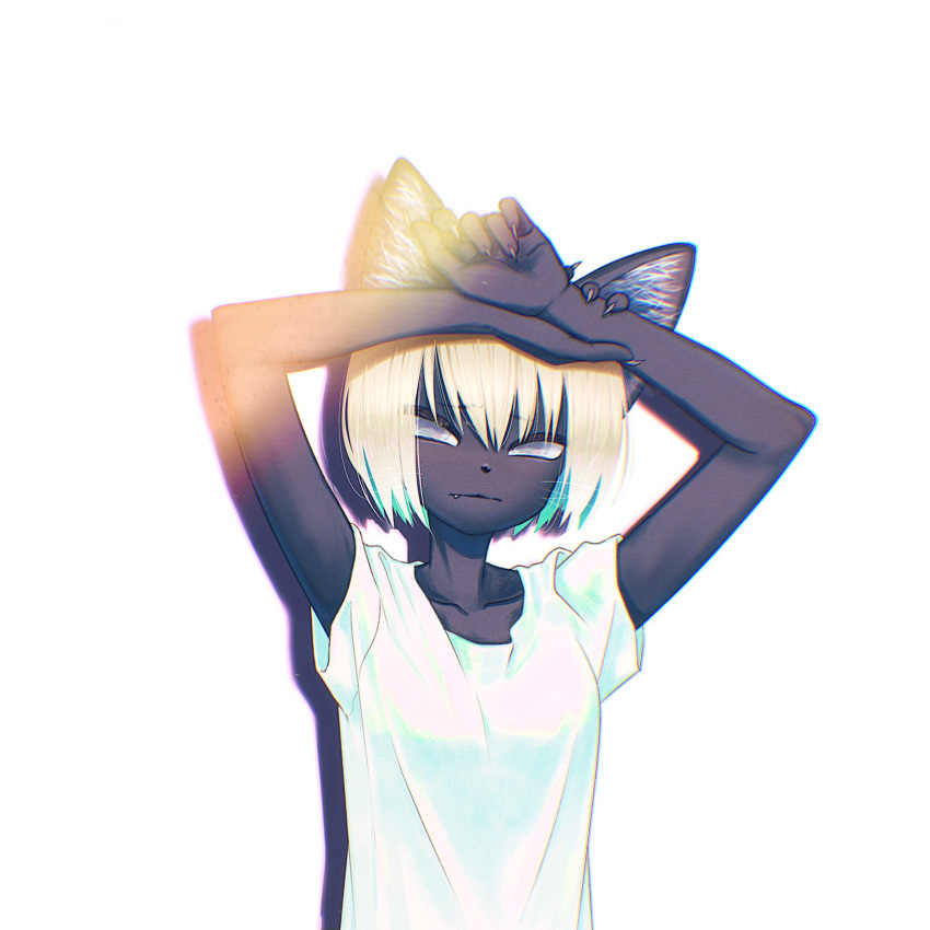 1girl animal_ears arms_up blue_eyes blue_hair bob_cut cat_ears cat_girl claws collarbone colored_inner_hair fang furry furry_female highres holding_own_wrist kunitarou-art looking_at_viewer multicolored_hair original shirt short_sleeves simple_background solo t-shirt upper_body whiskers white_background white_hair white_shirt