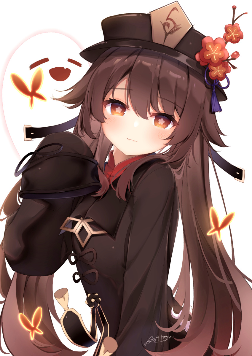 1girl absurdres boo_tao_(genshin_impact) brown_coat brown_eyes brown_hair brown_headwear closed_mouth coat flower-shaped_pupils genshin_impact ghost hair_between_eyes hat highres hu_tao_(genshin_impact) long_hair looking_at_viewer sashima simple_background sleeves_past_fingers sleeves_past_wrists smile solo symbol-shaped_pupils white_background