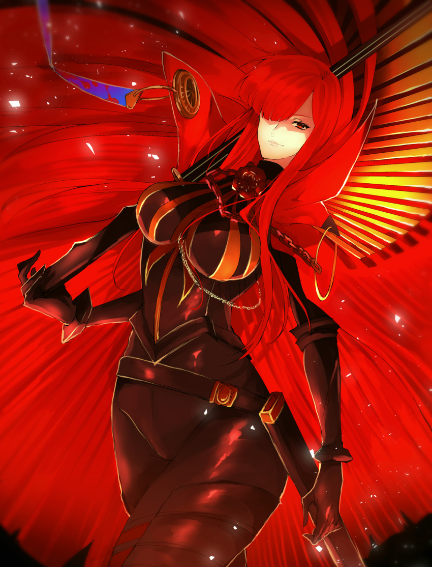 1girl black_bodysuit bodysuit c_c cape chain collared_cape cowboy_shot family_crest fate/grand_order fate_(series) hair_over_one_eye highres holding holding_sword holding_weapon medallion oda_nobunaga_(fate) oda_nobunaga_(maou_avenger)_(fate) oda_uri over_shoulder popped_collar red_cape red_eyes red_theme redhead solo standing sword sword_over_shoulder tight_top weapon weapon_over_shoulder