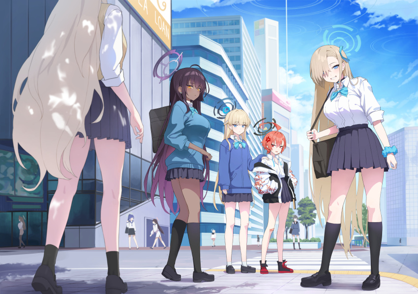 5girls absurdres ahoge akane_(blue_archive) asuna_(blue_archive) black_skirt blonde_hair blue_archive blue_eyes brown_hair city cleaning_&amp;_clearing_(blue_archive) dark-skinned_female dark_skin day halo hands_in_pockets highres ildy jacket karin_(blue_archive) long_hair long_sleeves looking_at_another looking_at_viewer multiple_girls neru_(blue_archive) open_clothes open_jacket outdoors red_eyes redhead shirt skirt sleeves_rolled_up smile standing sweater toki_(blue_archive) traditional_media white_shirt yellow_eyes