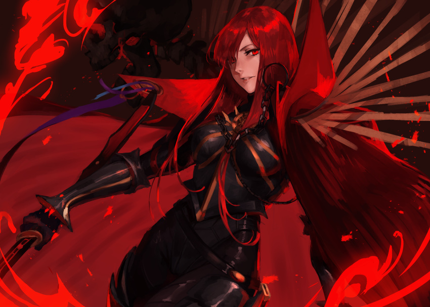 1girl black_bodysuit bodysuit cape chain collared_cape cowboy_shot family_crest fate/grand_order fate_(series) fire hair_over_one_eye highres holding holding_sword holding_weapon looking_at_viewer medallion oda_nobunaga_(fate) oda_nobunaga_(maou_avenger)_(fate) oda_uri peperon_(peperou) popped_collar red_cape red_eyes red_theme redhead skull solo standing sword tight_top weapon