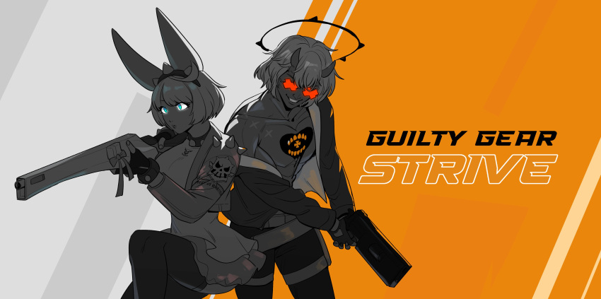 1boy 1girl absurdres blue_eyes breasts commentary counter-strike_(series) counter-strike_2 elphelt_valentine english_commentary fingerless_gloves gloves grin guilty_gear guilty_gear_strive gun halo handgun happy_chaos highres holding holding_gun holding_weapon large_breasts limited_palette parody red-tinted_eyewear rifle short_hair skullworms smile sunglasses thigh-highs tinted_eyewear weapon x-shaped_eyewear