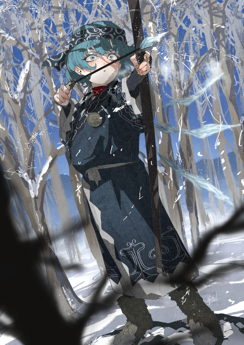 1girl absurdres ainu_clothes alternate_costume arrow_(projectile) blue_hair blue_headband blue_sky boots bow_(weapon) cirno clear_sky commentary_request drawing_bow full_body fur_boots grey_eyes grey_footwear headband highres holding holding_arrow holding_bow_(weapon) holding_weapon ice ice_wings layered_sleeves long_sleeves looking_afar medium_bangs open_mouth outdoors serious short_hair short_over_long_sleeves short_sleeves sky snow sokura_(mochichitose) solo touhou weapon wings