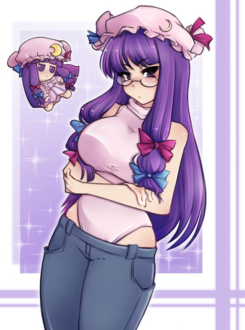 1girl bare_shoulders blue_bow blunt_bangs bow breasts bun_cover crescent crescent_hat_ornament deily denim double_bun fumo_(doll) glasses hair_bow hair_bun hat hat_ornament highres jeans large_breasts leotard leotard_under_clothes long_hair mob_cap pants patchouli_knowledge pink_leotard purple_hair purple_headwear red_bow solo touhou turtleneck very_long_hair violet_eyes