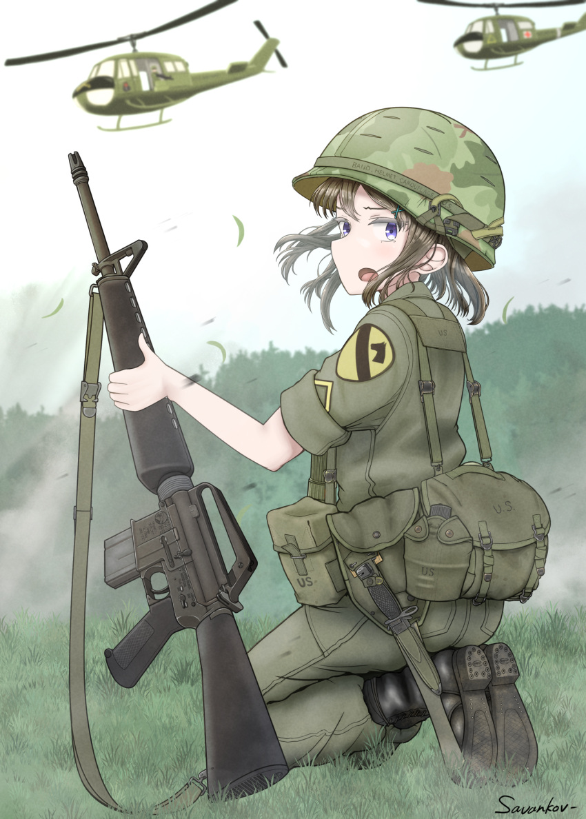 1girl 1st_cavalry_division aircraft ar-15 artist_name black_footwear boots brown_hair camouflage camouflage_headwear canteen combat_helmet full_body grass green_eyes green_jacket gun gun_sling helicopter helmet highres holding holding_weapon jacket kneeling knife knife_sheath load_bearing_vest long_hair looking_at_viewer military military_uniform open_mouth original outdoors pants_tucked_in pouch rifle savankov sheath sleeves_rolled_up solo uh-1_iroquois uniform united_states_army violet_eyes weapon
