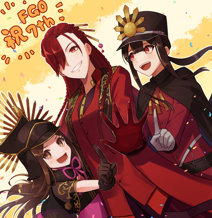 1boy 2girls belt black_hair brown_eyes brown_hair chacha_(fate) family_crest fate/grand_order fate_(series) formal gloves grin hair_over_one_eye hat highres long_sleeves looking_at_another looking_at_viewer low_ponytail multiple_girls oda_nobukatsu_(fate) oda_nobunaga_(fate) oda_nobunaga_(maou_avenger)_(fate) oda_uri open_hand open_mouth otoko_no_ko pointing pointing_up red_eyes red_gloves redhead shako_cap sidelocks smile teeth upper_body upper_teeth_only white_gloves yzrh0