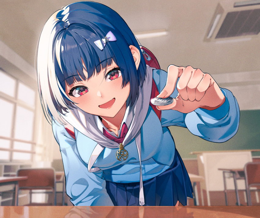 1girl bag blue_hair blue_jacket blue_skirt bow breasts chair chalkboard check_copyright classroom coin copyright_request desk fang fingernails hair_bow highres holding holding_coin indoors jacket kabu_(niniko2ko) leaning_forward long_sleeves looking_at_viewer necktie open_mouth original pleated_skirt red_eyes red_necktie school_bag school_chair school_desk skirt smile solo white_bow window