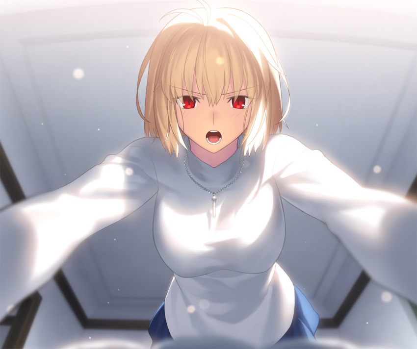 1girl arcueid_brunestud blonde_hair breasts dress game_cg indoors jewelry necklace official_art red_eyes short_hair solo takeuchi_takashi tsukihime tsukihime_(remake) turtleneck turtleneck_dress white_dress