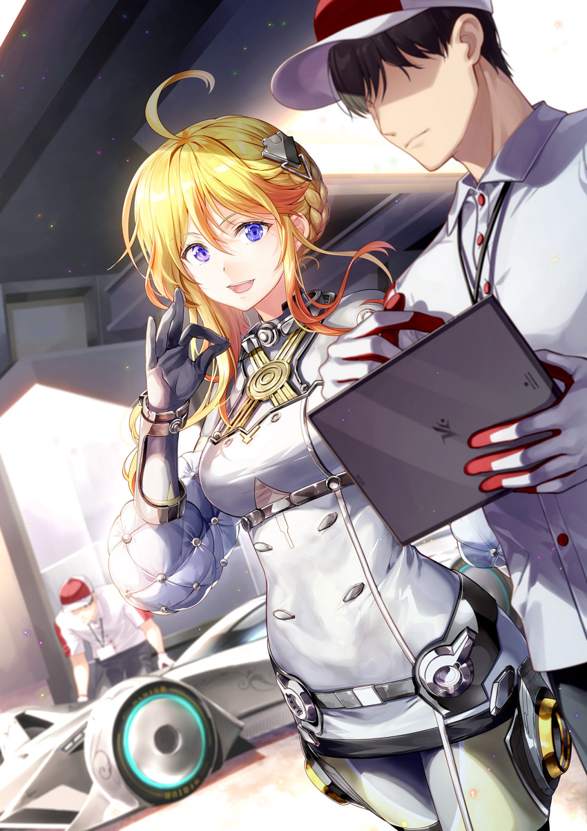 1girl 2boys black_gloves black_hair blonde_hair bodysuit car collared_shirt commentary_request faceless faceless_male from_side fujima_takuya gloves highres highspeed_etoile holding holding_tablet_pc key_visual motor_vehicle multiple_boys official_art promotional_art race_vehicle racecar racing_suit red_headwear second-party_source shirt short_hair sidelocks sofia_tokito solo_focus tablet_pc violet_eyes white_gloves white_shirt