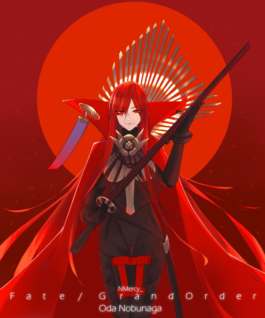 1girl absurdres black_bodysuit bodysuit cape chain collared_cape family_crest fate/grand_order fate_(series) full_moon hair_over_one_eye highres holding holding_sword holding_weapon medallion moon nmercy oda_nobunaga_(fate) oda_nobunaga_(maou_avenger)_(fate) oda_uri popped_collar red_background red_cape red_eyes redhead solo sword tight_top upper_body weapon