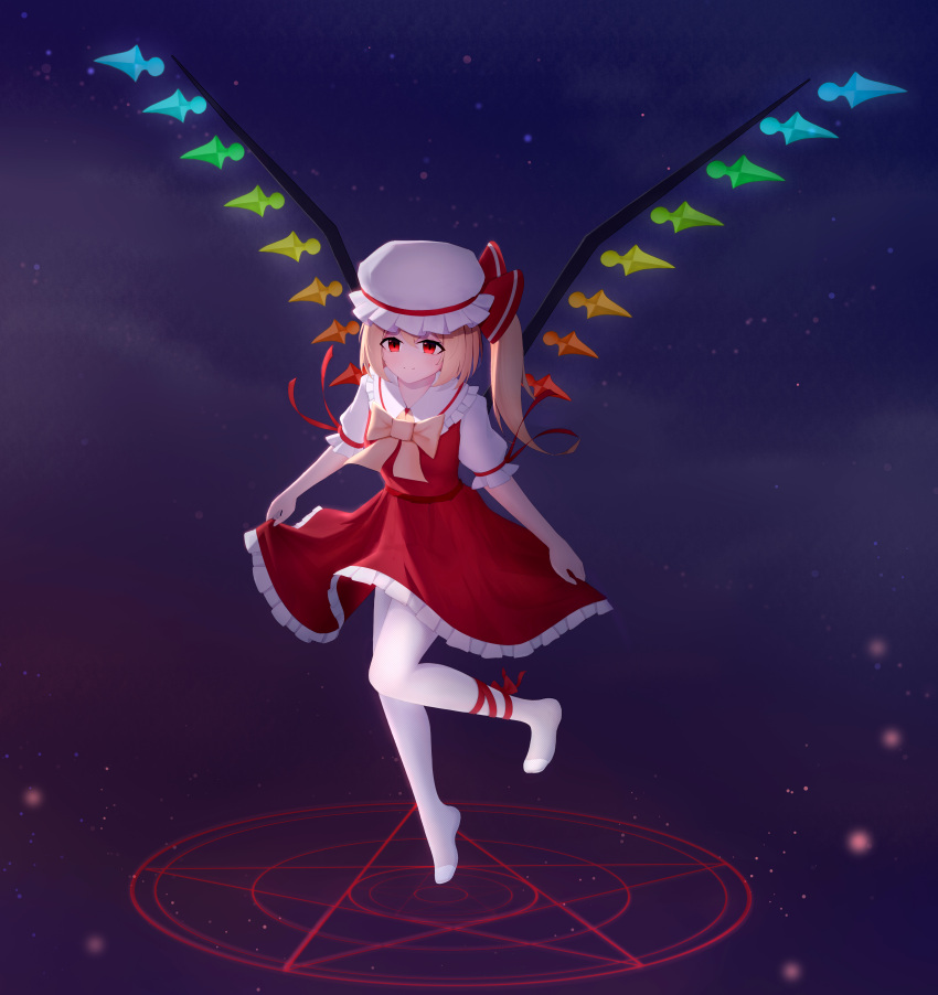 1girl absurdres arms_at_sides blonde_hair blush bow chinese_commentary closed_mouth commentary crystal flandre_scarlet frilled_shirt_collar frilled_skirt frills full_body hair_bow hat highres knees_together_feet_apart leg_ribbon long_hair magic_circle mob_cap nitronn_(nitrun) no_shoes pantyhose puffy_short_sleeves puffy_sleeves rainbow_order red_bow red_eyes red_ribbon red_skirt red_vest ribbon shirt short_sleeves side_ponytail sidelighting simple_background skirt skirt_hold smile solo split_mouth standing standing_on_one_leg touhou vest white_headwear white_pantyhose white_shirt wings yellow_bow