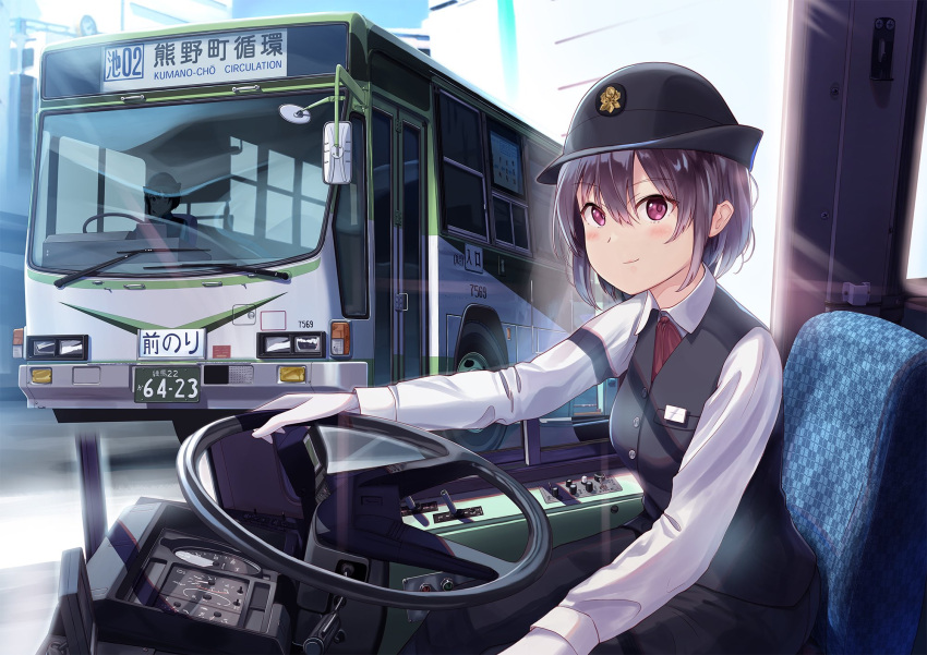 1girl ascot black_hair black_headwear black_pants black_vest blush bus closed_mouth commentary_request driving gloves headlight highres license_plate long_sleeves looking_at_viewer motor_vehicle multiple_views original pants png_pant_(bus) red_ascot second-party_source shirt short_hair sitting smile steering_wheel translation_request vest violet_eyes white_gloves white_shirt