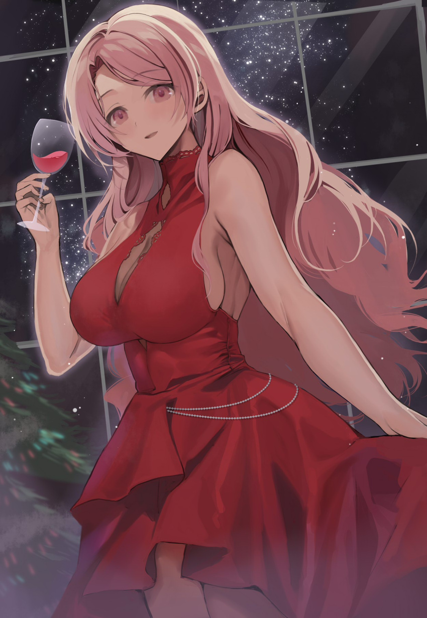1girl alcohol alternate_costume breasts christmas_tree commentary_request cup dress drinking_glass highres kantai_collection large_breasts long_hair luigi_di_savoia_duca_degli_abruzzi_(kancolle) night night_sky picoli1313 pink_eyes pink_hair red_dress sky standing wine wine_glass
