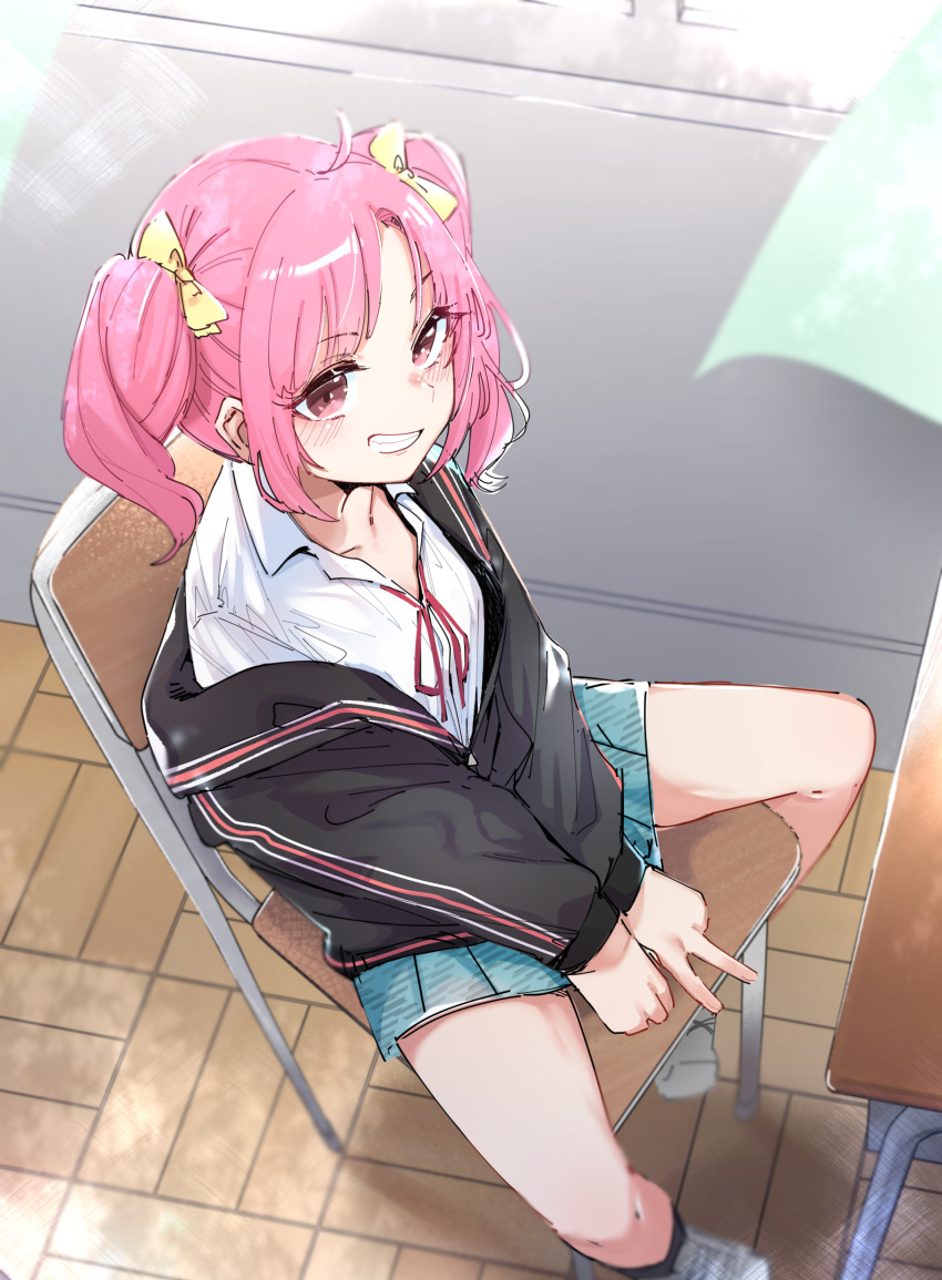 1girl absurdres achikita_chinami aqua_skirt black_jacket blue_skirt bow chair clenched_teeth from_above hair_bow highres jacket long_sleeves looking_at_viewer nijisanji on_chair pink_eyes school_uniform shirt sitting skirt smile solo table teeth twintails utsusumi_kio virtual_youtuber white_shirt yellow_bow