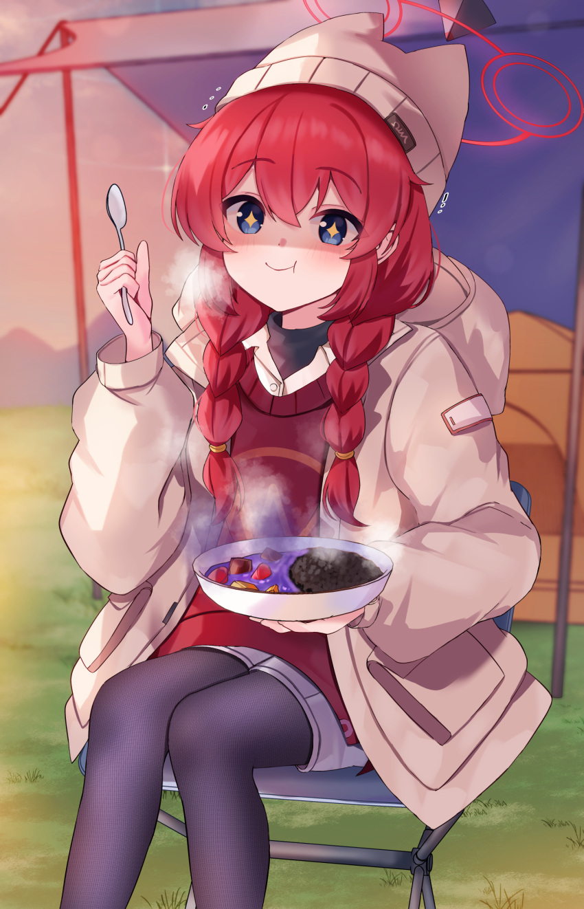 +_+ 1girl bad_food beanie black_pantyhose blue_archive blue_eyes blush braid brown_shirt closed_mouth collared_shirt feet_out_of_frame grey_headwear grey_jacket halo hat highres holding holding_spoon jacket long_hair long_sleeves maki_(blue_archive) maki_(camp)_(blue_archive) mi_taro333 official_alternate_costume official_alternate_hairstyle open_clothes open_jacket pantyhose red_halo redhead shaded_face shirt sitting solo spoon tent twin_braids white_shirt