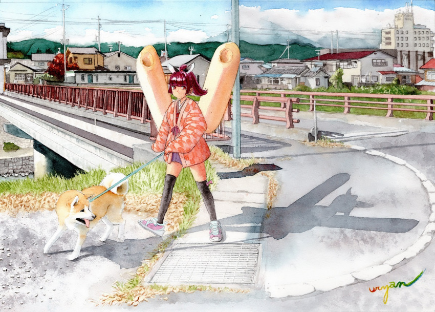 1girl akita_inu alternate_costume alternate_hairstyle black_thighhighs blunt_bangs bridge city commentary_request day expressionless grate hanten_(clothes) headgear high_ponytail holding holding_leash jacket kiritanpo_(food) leash looking_at_viewer miniskirt miyagi_prefecture mountainous_horizon outdoors oversized_food oversized_object painting_(medium) pet_walking pleated_skirt power_lines print_jacket real_world_location red_eyes redhead river scenery sewer_grate shadow shoes signature skirt sleeves_past_fingers sleeves_past_wrists sneakers solo thigh-highs touhoku_kiritan traditional_media uryan! voiceroid walking watercolor_(medium) wide_shot yagasuri zettai_ryouiki