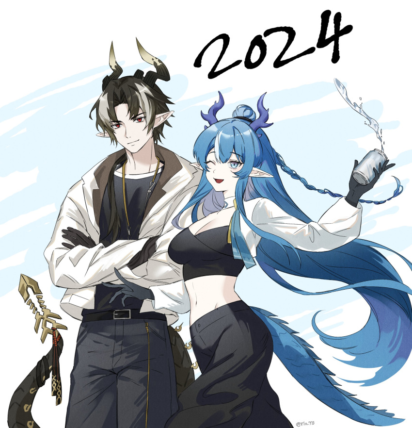1boy 1girl 2024 absurdres arknights black_gloves black_pants black_shirt blue_eyes blue_hair chong_yue_(arknights) crop_top crossed_arms cup dragon_boy dragon_girl dragon_horns dragon_tail drink english_commentary gloves highres holding holding_cup holding_drink horns jacket ling_(arknights) looking_at_viewer multicolored_hair new_year one_eye_closed open_mouth pants pointy_ears red_eyes rio_(rio773) shirt smile tail twitter_username white_jacket