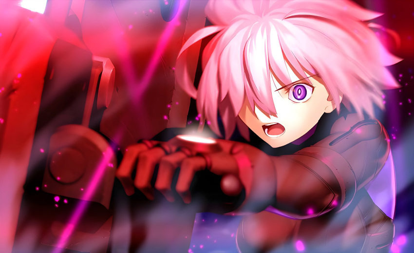 1girl absurdres armor black_armor black_gloves fate/grand_order fate_(series) game_cg gloves gun highres holding holding_gun holding_weapon mash_kyrielight mash_kyrielight_(ortenaus) official_art open_mouth pink_hair short_hair solo takeuchi_takashi violet_eyes weapon