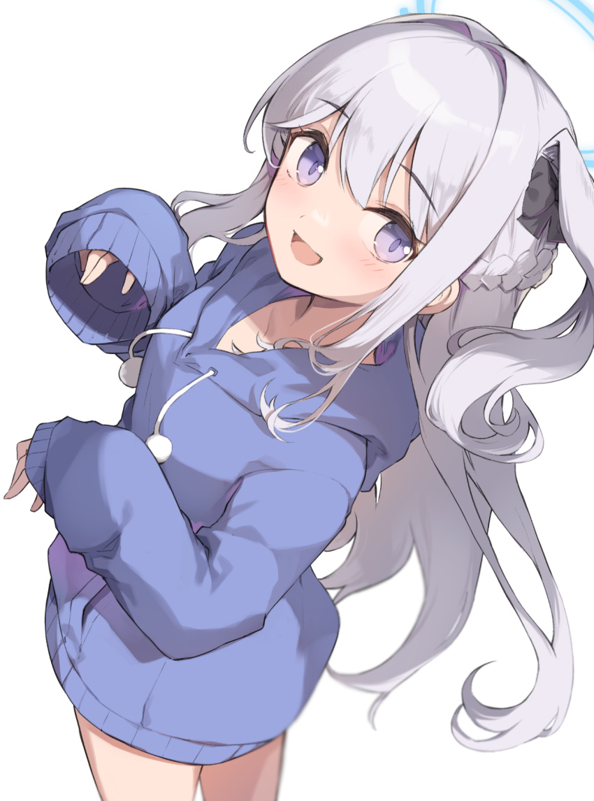 1girl blue_archive blue_halo blue_hoodie blush commentary_request drawstring grey_hair halo highres hood hood_down hoodie long_hair long_sleeves miya_kazutomo miyako_(blue_archive) official_alternate_costume one_side_up open_mouth simple_background sleeves_past_wrists solo violet_eyes white_background