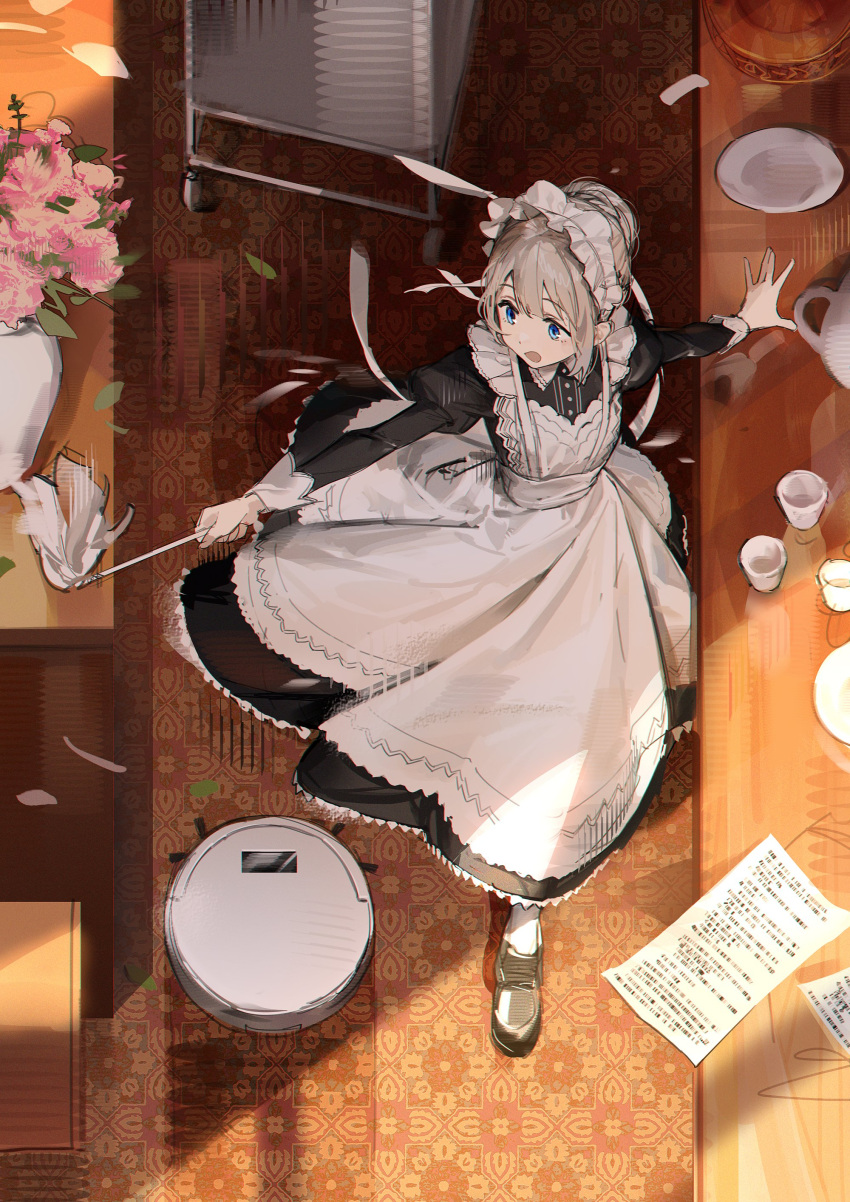 1girl :o absurdres alternate_costume apron black_dress blue_eyes braid braided_bun cleaning dress duster enmaided falling_petals frilled_hairband frills grey_hair hair_bun hairband highres holding holding_duster idolmaster idolmaster_shiny_colors indoors juliet_sleeves long_sleeves looking_to_the_side maid petals puffy_sleeves robotic_vacuum_cleaner running serizawa_asahi single_hair_bun solo white_apron zhili_xingzou