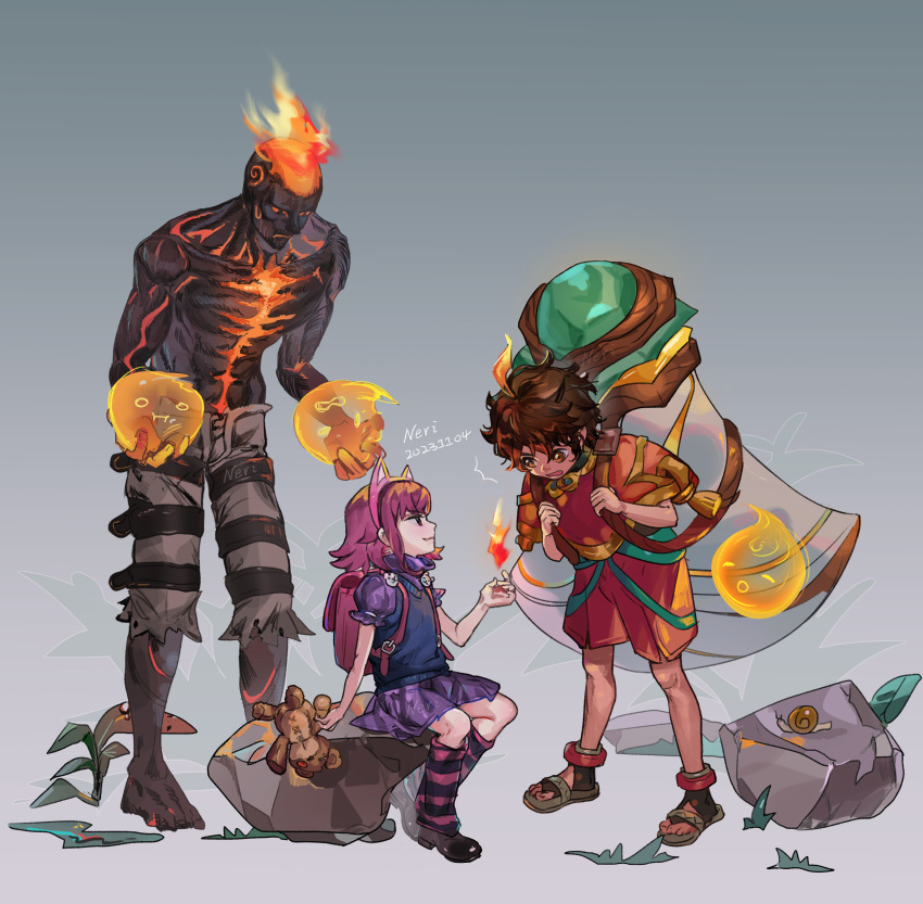 1girl 2boys absurdres animal annie_(league_of_legends) brand_(league_of_legends) burnt fire from_side gradient_background grey_background highres jose_(1223919115) kneehighs league_of_legends looking_at_another medium_hair milio_(league_of_legends) miniskirt multiple_boys pink_skirt profile puffy_short_sleeves puffy_sleeves redhead rock shoes short_sleeves sitting skirt smile snail socks standing striped striped_socks tibbers