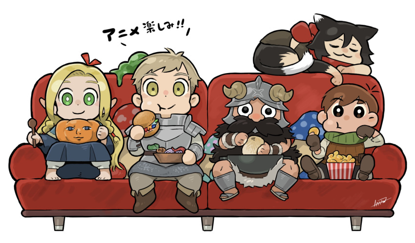 2girls 3boys :t animal_ears armor beard black_hair black_pants blonde_hair blue_capelet blue_robe body_fur boots bowl braid brown_gloves burger capelet cat_ears cat_girl cat_tail chainmail chibi chilchuck closed_mouth couch crop_top dough dungeon_meshi dwarf eating elf facial_hair fake_horns flip-flops food fruit_bowl full_body gloves gorget green_eyes green_scarf grey_hair grey_pants hair_between_eyes halfling helmet highres holding holding_bowl holding_food holding_spoon horned_helmet horns izutsumi knees_up laaaw444 laios_thorden leather_armor long_hair long_sleeves lying mandrake marcille midriff multiple_boys multiple_girls mushroom neck_warmer on_stomach pants parted_bangs pauldrons plate_armor pointy_ears popcorn pumpkin red_scarf robe sandals scarf senshi_(dungeon_meshi) shin_guards shirt shoe_soles short_hair shoulder_armor signature simple_background sitting sleeping sleeveless slime_(creature) smile spoon tail twin_braids vambraces walking_mushroom_(dungeon_meshi) watching_television white_background white_pants white_shirt wok yellow_eyes