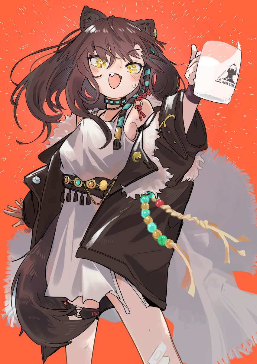 +_+ 1girl :d absurdres animal_ear_piercing animal_ears arknights bandaid bandaid_on_leg blush brown_hair brown_jacket cowboy_shot cup dress fang fur-trimmed_jacket fur_trim highres holding holding_cup jacket lunacub_(arknights) medium_hair milk mole mole_on_shoulder mug nebano2 open_clothes open_jacket open_mouth orange_background rhodes_island_logo_(arknights) simple_background smile solo sweatdrop tail white_dress wolf_ears wolf_girl wolf_tail