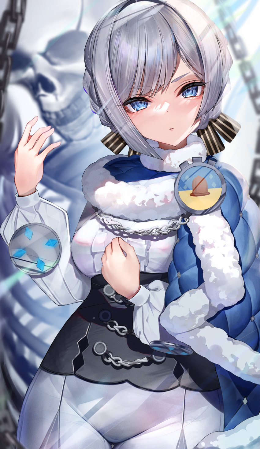 1girl absurdres akershus_fortress_(oshiro_project) badge blue_cape blue_cloak blue_eyes blurry blurry_foreground bone braid breasts cape center_frills chain cloak corset depth_of_field fluff frilled_shirt frills fur-trimmed_cape fur-trimmed_cloak fur_trim grey_hair hand_up highres long_sleeves looking_at_viewer lumium oshiro_project:re padded_cloak pants puffy_long_sleeves puffy_sleeves ribbon shirt skeleton solo standing tight_clothes tight_pants
