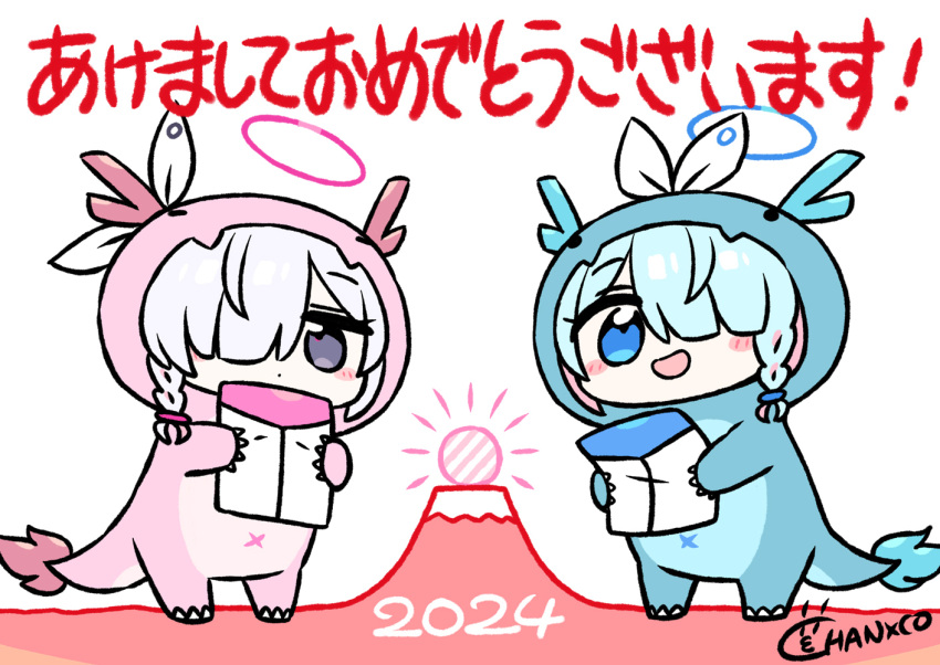 2024 2girls animal_costume arona_(blue_archive) black_eyes blue_archive blue_eyes blue_hair blue_halo braid chan_co closed_mouth dragon_costume grey_hair hair_over_one_eye halo happy_new_year holding long_hair multiple_girls open_mouth pink_hair plana_(blue_archive) red_halo signature single_braid smile