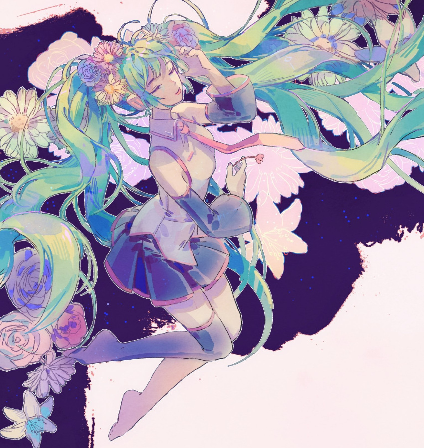 1girl bare_shoulders black_skirt black_sleeves black_thighhighs closed_eyes closed_mouth collared_shirt daisy detached_sleeves eyelashes fingernails floating_hair flower full_body green_hair hair_flower hair_ornament hand_on_own_head hatsune_miku highres holding holding_flower lily_(flower) lipstick long_hair makeup miniskirt necktie no_shoes pink_flower pink_lips pink_necktie pink_rose pink_trim pleated_skirt purple_flower purple_rose red_flower red_rose rose shirt single_barefoot single_thighhigh skirt sky sleeveless sleeveless_shirt smile solo space star_(sky) starry_sky thick_eyebrows thigh-highs twintails two-tone_background very_long_hair vocaloid white_background white_flower white_shirt wide_sleeves yanmian_(printemps-noir)