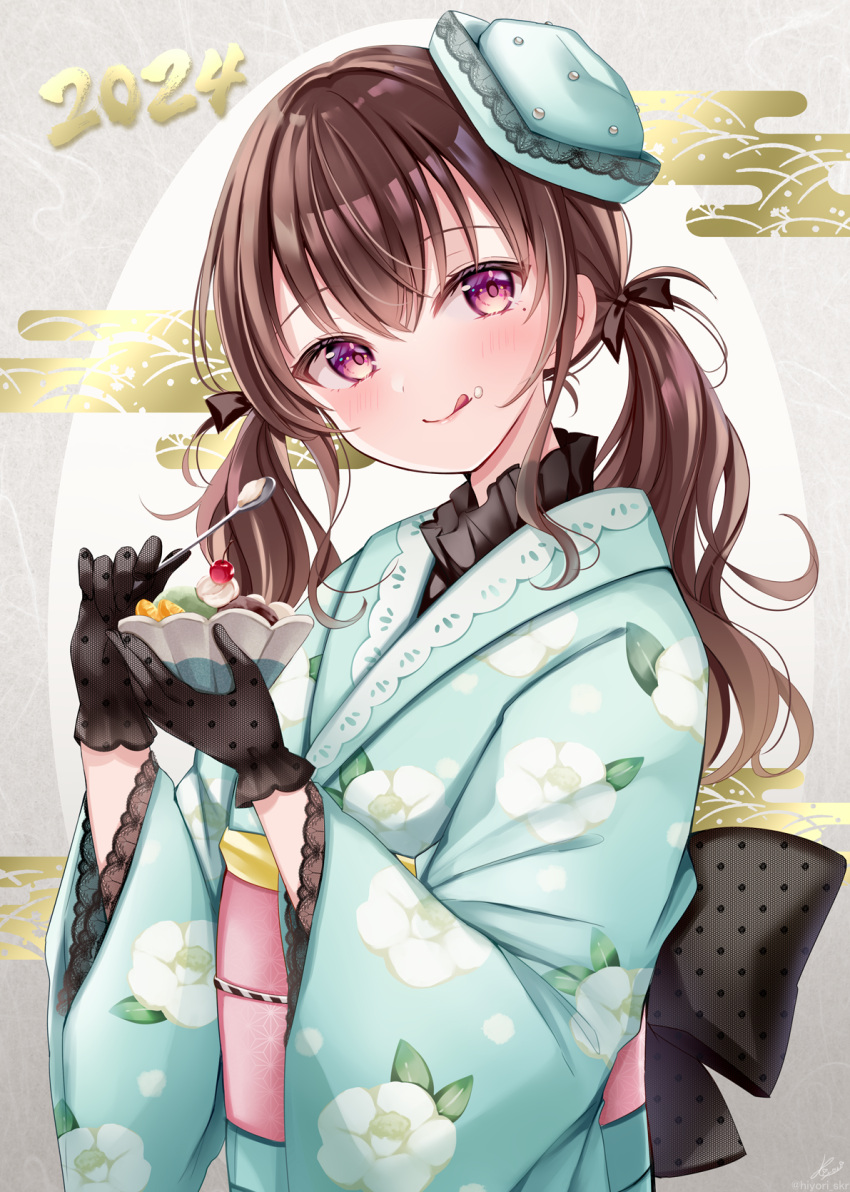 1girl 2024 :q black_gloves blue_headwear blue_kimono blush brown_hair closed_mouth commentary_request egasumi food food_on_face gloves grey_background hair_between_eyes hands_up highres holding holding_spoon japanese_clothes kimono long_hair long_sleeves low_twintails obi original red_eyes sakura_hiyori sash smile solo spoon tilted_headwear tongue tongue_out twintails two-tone_background white_background wide_sleeves