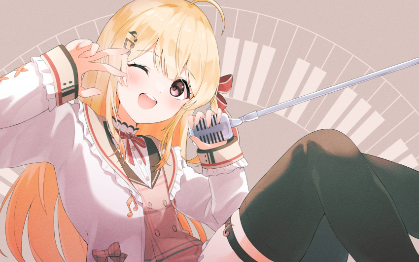 1girl ahoge black_thighhighs blonde_hair blush brown_dress dress fragir hair_ornament hair_ribbon highres holding holding_microphone hololive hololive_dev_is jacket long_hair looking_at_viewer microphone microphone_stand musical_note musical_note_hair_ornament neck_ribbon one_eye_closed open_mouth otonose_kanade red_eyes red_ribbon ribbon smile solo teeth thigh-highs thigh_strap upper_teeth_only virtual_youtuber white_jacket