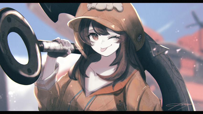 1girl :p anchor brown_eyes brown_hair cabbie_hat collarbone fingerless_gloves gloves guilty_gear guilty_gear_strive hat hat_ornament highres holding holding_anchor hood hoodie jacket may_(guilty_gear) one_eye_closed orange_headwear orange_hoodie orange_jacket orange_shirt pirate portrait shirt skull_and_crossbones skull_hat_ornament solo sutorobo72 tongue tongue_out