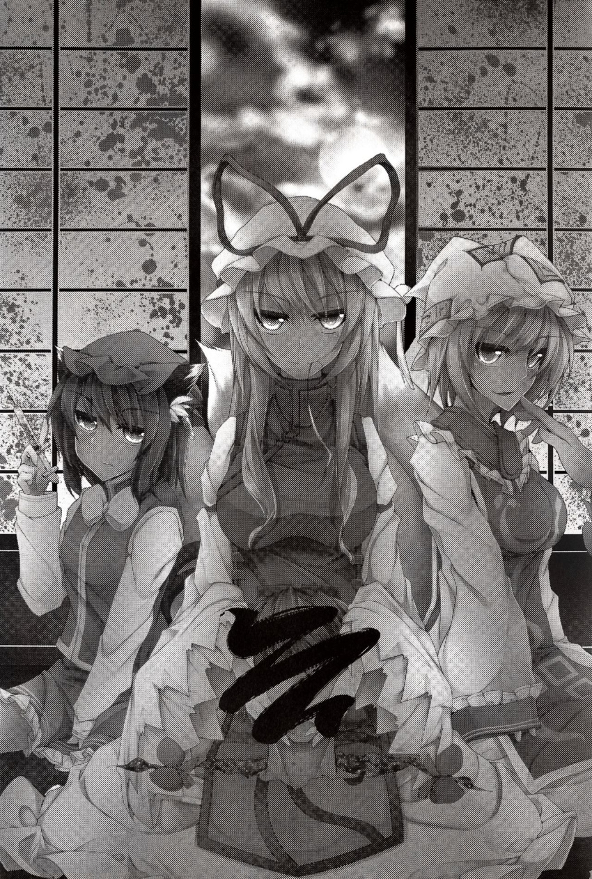1boy 3girls animal_ears blonde_hair brown_hair cat_ears cat_tail censored chen clouds cloudy_sky commentary_request cover cover_page doujin_cover earrings fox_tail full_moon gap_(touhou) glowing glowing_eyes greyscale hair_in_own_mouth hands_on_own_head hat highres hoop_earrings indoors jewelry long_hair looking_at_viewer midori_(misuriru8) monochrome moon multiple_girls multiple_tails night red_eyes short_hair single_earring sky smile syringe tabard tail touhou translation_request yakumo_ran yakumo_yukari