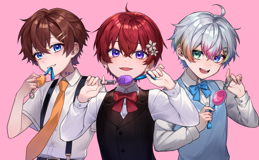 3boys absurdres ahoge blue_eyes blush bow bowtie brown_hair character_request commentary_request copyright_request cord_pull crime_prevention_buzzer green_eyes heterochromia highres looking_at_viewer male_focus multicolored_hair multiple_boys nanin necktie pink_background redhead shirt shukusei!!_loli-gami_requiem streaked_hair sweater_vest violet_eyes white_shirt