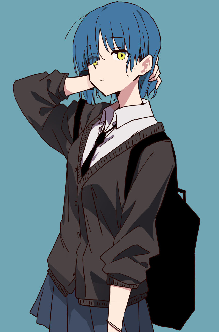 1girl absurdres arm_behind_head backpack bag black_bag black_necktie blue_hair blue_skirt bocchi_the_rock! bracelet brown_jacket buttons closed_mouth collared_shirt cowboy_shot expressionless eyes_visible_through_hair hand_up highres jacket jewelry kagura-chitose_(pixiv_68338191) long_sleeves looking_at_viewer mole mole_under_eye necktie pleated_skirt shirt short_hair skirt sleeves_rolled_up solo standing uniform white_shirt yamada_ryo yellow_eyes