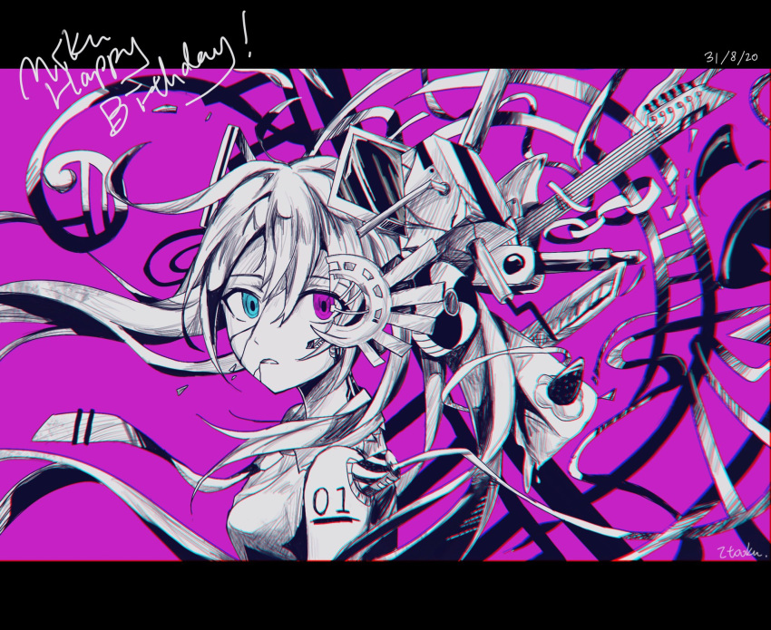 1girl blue_eyes body_writing cake cake_slice cracked_skin dated electric_guitar english_text food fruit guitar hatsune_miku highres instrument itooku long_hair looking_at_viewer multicolored_eyes necktie partially_colored pink_background pink_eyes strawberry vocaloid vocaloid_boxart_pose watermark